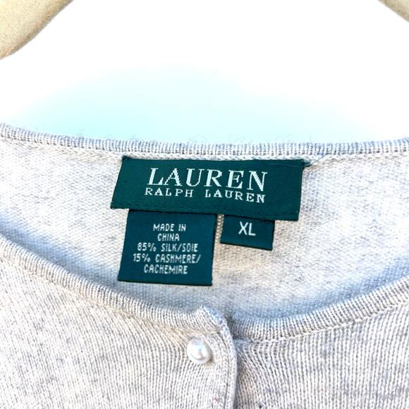 Lauren Ralph Lauren Silk Cashmere Pearl Button Cardigan Sweater Grey Gray XL - Picture 3 of 6